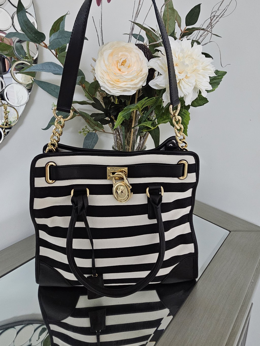 Rare Michael Michael Kors Hamilton North South Black & White Striped Satchel